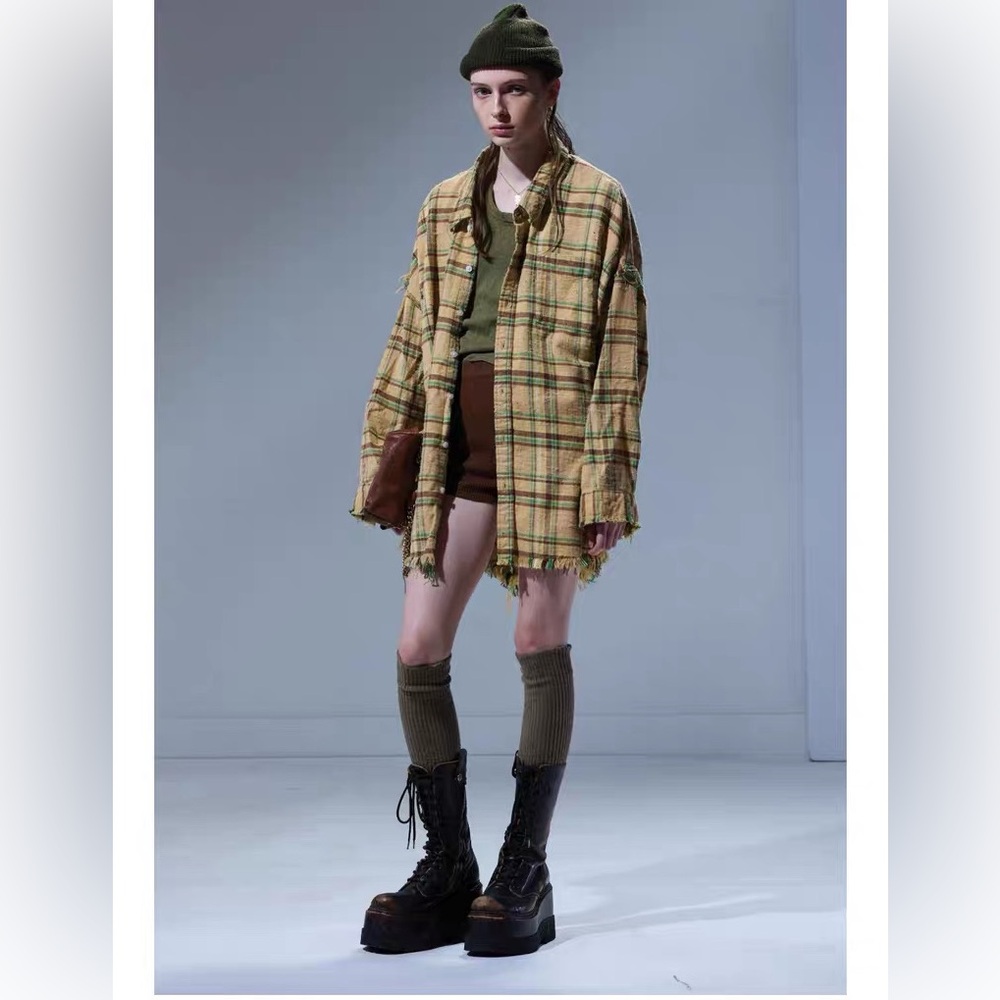 R13 Shredded Seam Drop Neck Shirt in Green Plaid